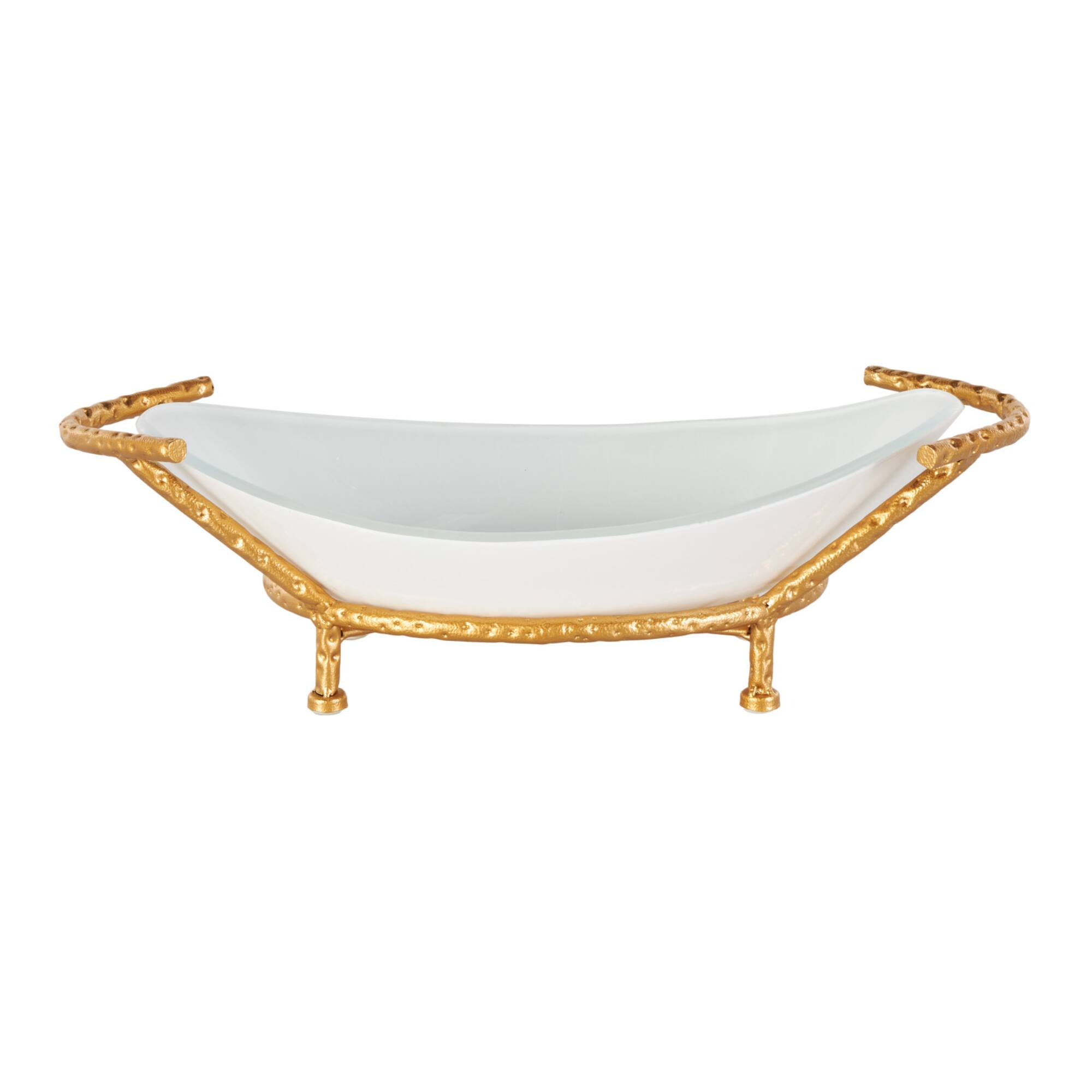 21" x 10" White Tempered Glass Kitchen Serving Bowl with Gold Metal Stand